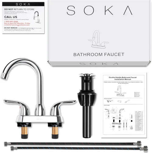 Miniatura 12 de SOKA Grifo de baño central de dos asas para fregadero de acero inoxidable de arco alto con placa de cubierta y montaje de drenaje desplegable