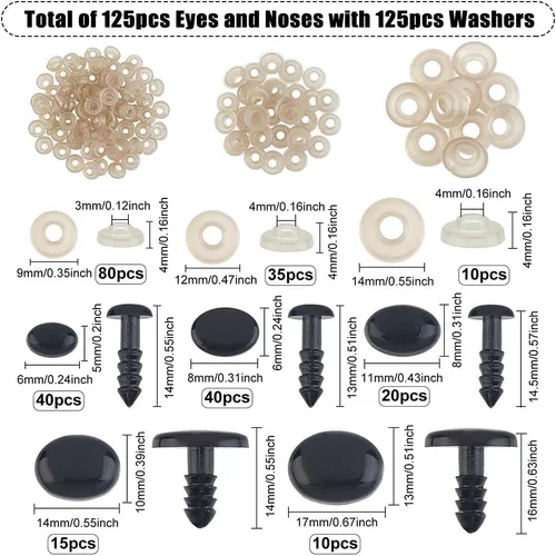 Miniatura 2 de SUPERFINDINGS 250 piezas de seguridad para ojos y narices con arandelas, 5 tamaños de 6/8/11/14/0.669 in, ojos ovalados de plástico y nariz