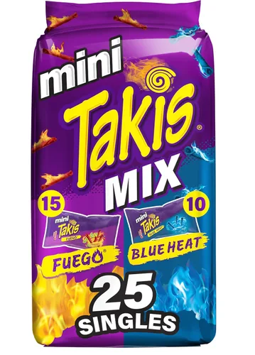Miniatura 10 de Takis Blue Heat Mini - Paquete múltiple de 25 unidades / 1.23 onzas, tamaño bocado, sabor a chile picante, chips de tortilla enrollados