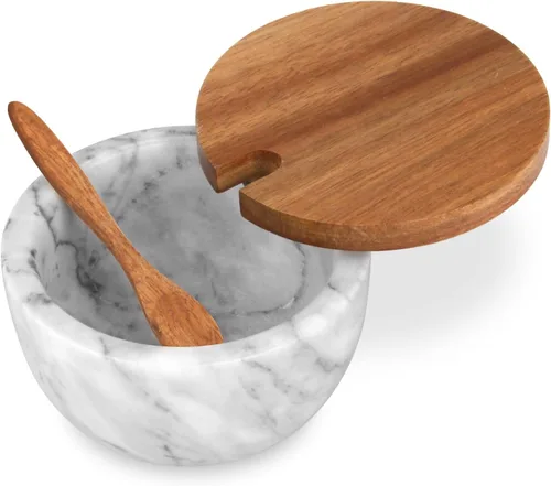 Miniatura 12 de Caja de Sal de Madera con Tapa de Mármol y Cuchara, Moderno Recipiente de Piedra Negra para Sal o Pimienta Azúcar Especias Condimentos, Contenedor