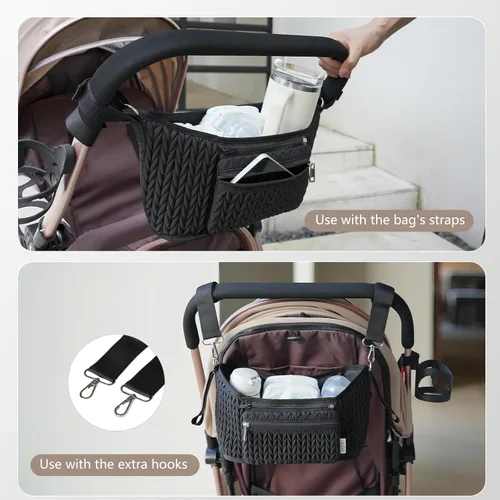 Miniatura 6 de Organizador de cochecito - Elegante nailon acolchado, ajuste universal, bolsa desmontable, almacenamiento múltiple ajustable para cochecito de bebé