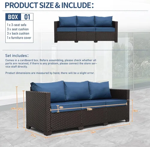 Miniatura 2 de Valita Muebles de patio de 3 asientos, sofá de mimbre marrón, muebles de exterior, sofá de exterior, asiento profundo, respaldo alto, funda Azul