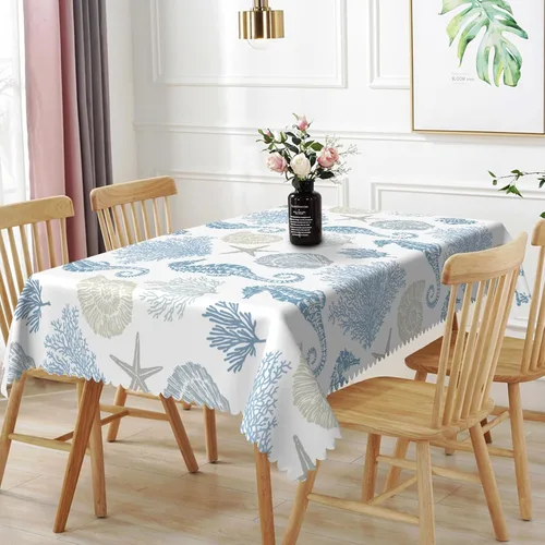 Miniatura 31 de Mantel oblongo, diseño de playa de 52 x 70 pulgadas, diseño de playa con estrellas de mar y olas de mar, con decoración impermeable y resistente a