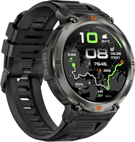 Miniatura 20 de Foxhawk Reloj inteligente militar para hombre, 1.45 pulgadas, resistente GPS, reloj inteligente táctico con brújula linterna LED, reloj de fitness