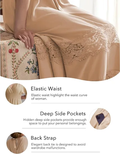 Miniatura 87 de Vestido largo de encaje para mujer de manga corta y cuello en V, vestido de fiesta estilo bohemio con cintura fruncida, vestido bohemio para mujer