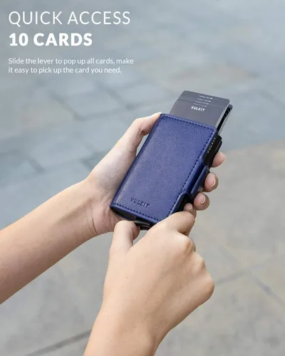 Miniatura 2 de VULKIT Tarjetero de crédito con bloqueo RFID de cuero automático billetera desplegable delgada con clip para dinero funda doble para tarjetas