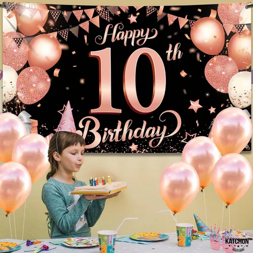 Miniatura 2 de KatchOn Cartel de cumpleaños número 10 de oro rosa - XL, 72 x 44 pulgadas Telón de fondo de feliz cumpleaños 10