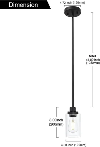 Miniatura 4 de TODOLUZ Lámparas colgantes industriales negras, iluminación colgante de cocina con pantalla cilíndrica de vidrio transparente para granja, comedor