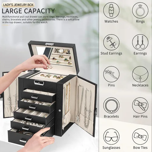 Miniatura 8 de AKOZLIN Joyero de 6 capas con cerradura, estuche de almacenamiento de joyería de cuero con 5 cajones para mujeres y niñas, anillo collar, aretes