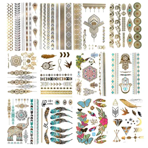 12 hojas de tatuajes temporales metálicos dorados destellantes para mujeres y niñas, impermeables, dorados y plateados, calcomanías de tatuaje para