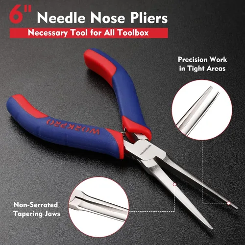 Miniatura 2 de WORKPRO Alicates de punta de aguja de 6 pulgadas (mandíbula suave), mini alicates de punta larga con asas de agarre cómodo, alicates de joyería