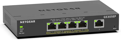 NETGEAR Switch PoE Gigabit Ethernet Easy Smart Managed Essentials de 5 puertos (GS305EP) - con 4 x PoE+ @ 63W, para montaje en escritorio o en pared
