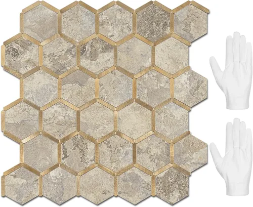 Miniatura 21 de STICKGOO Azulejo Hexagonal de Pelar y Pegar para Salpicadero, Salpicadero Adhesivo para Cocina y Baño, Aspecto de Pizarra Oxidada PVC Mezclado Metal