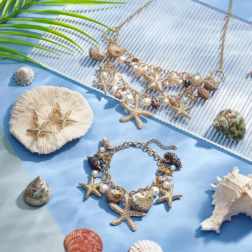 Miniatura 5 de PH PandaHall Pulseras de concha de estrella de mar, pulsera de perlas de imitación de concha de estrella de mar, pulsera bohemia ajustable de concha