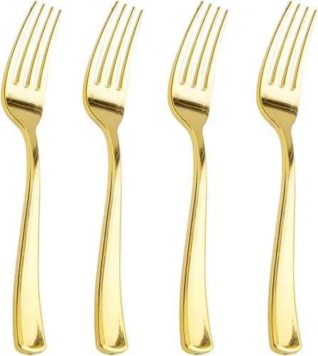 Liacere 200 tenedores de plástico dorados, pesados, tenedores resistentes de 7.4 pulgadas, cubiertos de plástico dorado perfectos para fiestas,