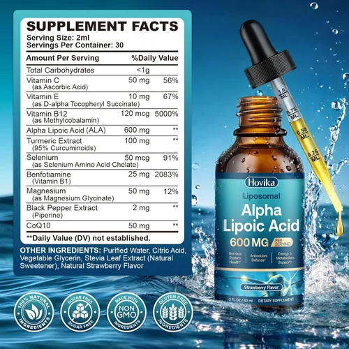 Miniatura 7 de Gotas líquidas de ácido alfa lipoico liposomal, 600 mg, suplementos de neuropatía líquida para nervios, energía y apoyo metabólico con benfotiamina