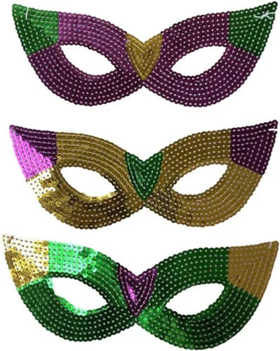 Miniatura 2 de Máscaras Mardi Gras de lentejuelas moradas, verdes y doradas, suministro a granel para fiestas, bailes y desfiles