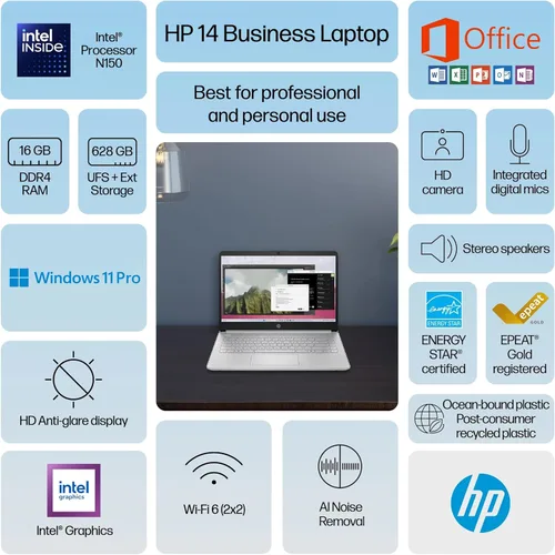 Miniatura 3 de HP 14” Laptop Flagship 2025 con IA, computadora para oficina de por vida, para estudiantes y negocios, CPU Intel de 4 núcleos, 16GB de RAM, 628GB