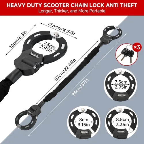 Miniatura 2 de Candado Pesado para Patinete - Candado de Cadena Antirrobo de 8mm con 3 Llaves, Candado de Seguridad Resistente a la Intemperie de 94cm