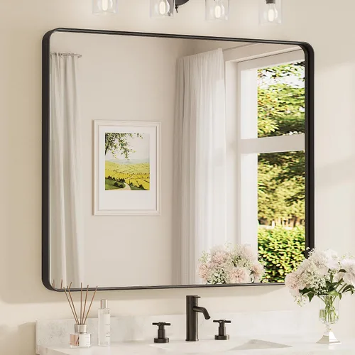 Miniatura 115 de TETOTE Espejo de marco dorado cepillado de 16 x 24 pulgadas, espejo de tocador de baño de latón dorado para pared, espejo enmarcado rectangular