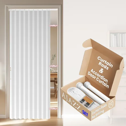 Miniatura 17 de AJAZZ Conjunto: Barras para cortinas sin perforación (28-39" de ancho) y cortina acordeón para puerta, beige 43" de ancho × 78" de largo, puertas