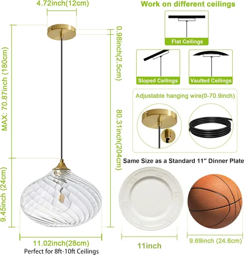 Miniatura 2 de Glass Pendant Lights Kitchen Island, 11'' Brass Gold Pendant Lighting Fixtures, Modern Hanging Ceiling Light with Striped Clear Glass Shade for