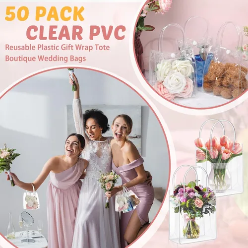 Miniatura 7 de LEIFIDE 50 bolsas de regalo de plástico transparente con asas, bolsas de mano de PVC reutilizables y transparentes para dulces, escuela, fiesta