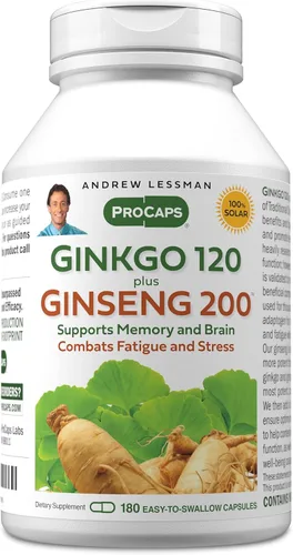 ANDREW LESSMAN Ginkgo 120 Plus Ginseng 200mg - 180 Cápsulas - Mezcla de extracto estandarizado para apoyar el cerebro, la memoria y la función