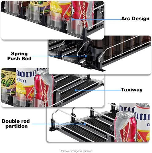 Miniatura 8 de Organizador de Bebidas para Refrigerador, 12oz 16oz 20oz - Dispensador de Latas de Refresco para Refrigerador, Ancho Ajustable, Deslizador Negro