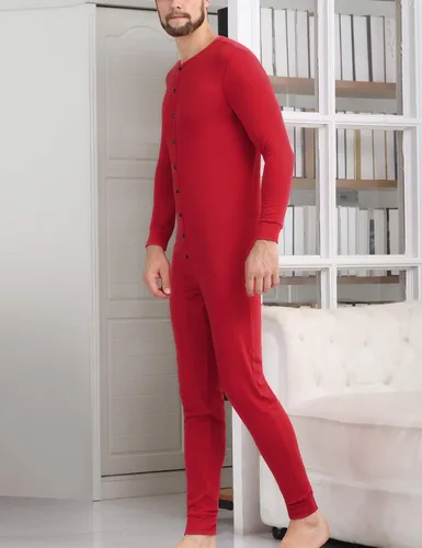 Miniatura 3 de COLORFULLEAF Ropa interior térmica de algodón para hombre, trajes de unión Henley Onesies capa base