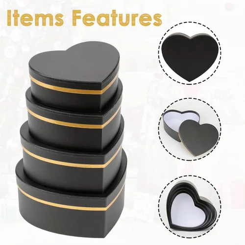 Miniatura 6 de Oairse Cajas de regalo negras con tapas para regalo, cajas de flores en forma de corazón para arreglos, juego de 4 cajas de regalo florales