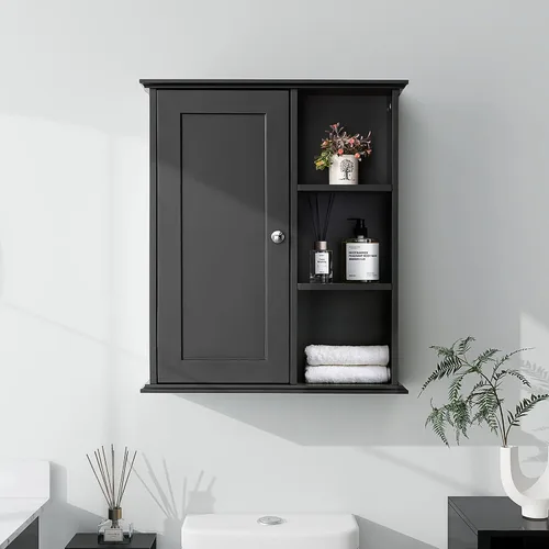Armario de pared de baño sobre el inodoro, armario de almacenamiento montado en la pared, gabinetes de madera para medicamentos para baño, Negro