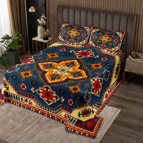 Miniatura 13 de Erosebridal Juego de ropa de cama oriental tamaño King, vintage, juego de colcha Art Deco de terracota, juego de edredón estético hippie