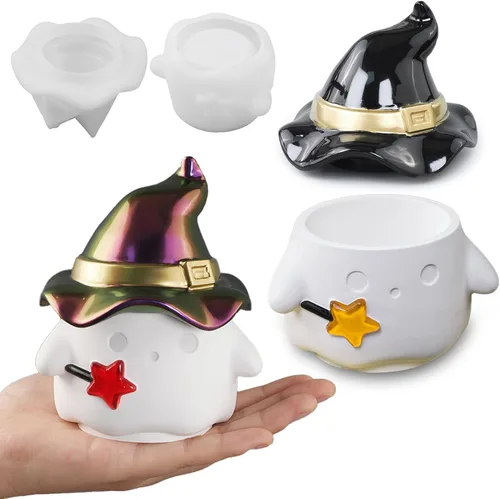 Wehous Moldes de resina para frascos de Halloween con tapas, caja única con forma de bruja fantasma, moldes de silicona, lindo recipiente de