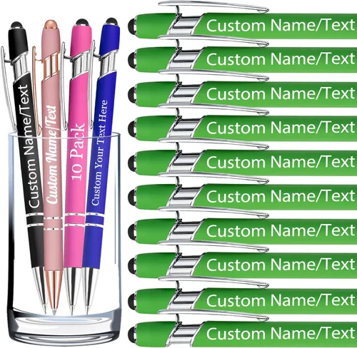 Miniatura 45 de Bolígrafos personalizados con nombre, paquete de 10 bolígrafos personalizados a granel, bolígrafo de tinta negra grabada con punta de lápiz óptico