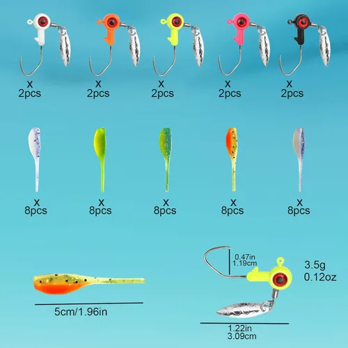 Miniatura 2 de 50 piezas de conjunto de señuelos para crappie - 2 pulgadas de cebo, cabezas de jig y anzuelos para pesca versátil B: 10 plantillas de 1/8 oz y 40