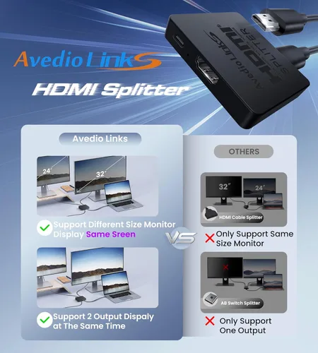 Miniatura 4 de avedio links Divisor HDMI 4K@60Hz, Divisor HDMI 1 entrada y 2 salidas - No extiende la pantalla (Solo duplica las pantallas), Soporta 3D Dol-by