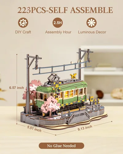 Miniatura 4 de Rompecabezas de madera 3D para adultos, Sakura Journey Tram, modelos de kits de coche para adultos, kits de manualidades de bricolaje, regalo