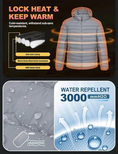 Miniatura 3 de Chaqueta acolchada ligera y plegable para hombre, con capucha, aislada, resistente al agua, para esquí, senderismo, viajes