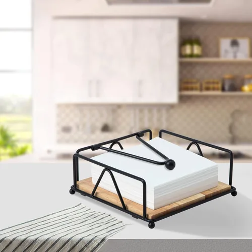 Miniatura 7 de Servilletero cuadrado – Dispensador de servilletas de mesa duradero con brazo pesado, almacenamiento de servilletas de metal con base de madera