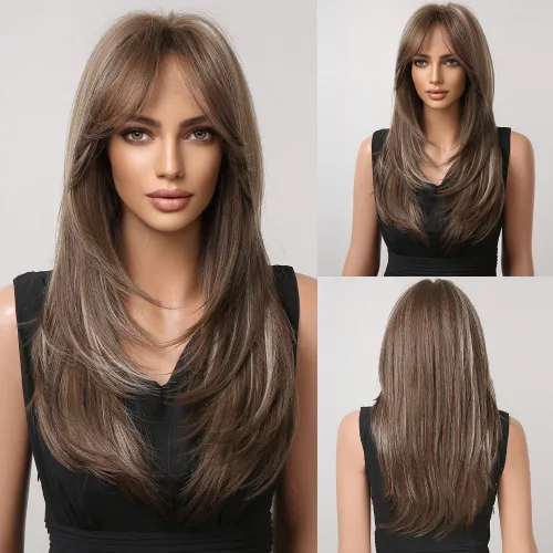 Miniatura 16 de HAIRCUBE Pelucas Auburn para Mujeres, Pelucas Largas en Capas Naranjas con Flequillo, Pelucas de Fibra Sintética Resistentes al Calor