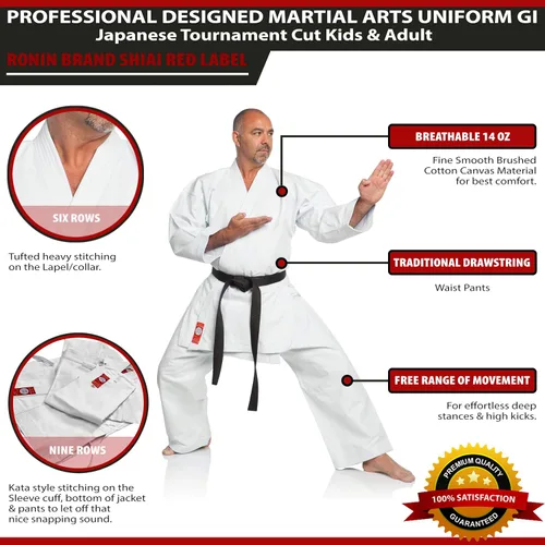 Miniatura 2 de Ronin Shiai Red Label Pesado Karate Gi 14 oz de lona cepillada, corte torneo, uniforme de artes marciales