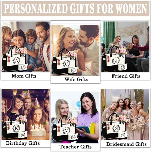 Miniatura 6 de Bolsa de lona con inicial, bolsa de playa, bolsa de maquillaje con cremallera, regalos personalizados para madres, amigas, regalos de cumpleaños
