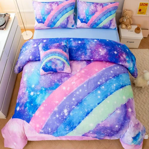 Miniatura 2 de ANGIYUIN Juego de Edredón Tie Dye Arcoíris Azul Tamaño Queen 6 Piezas Degradado con Purpurina Cama en una Bolsa para Niñas Juego de Ropa de Cama Tie