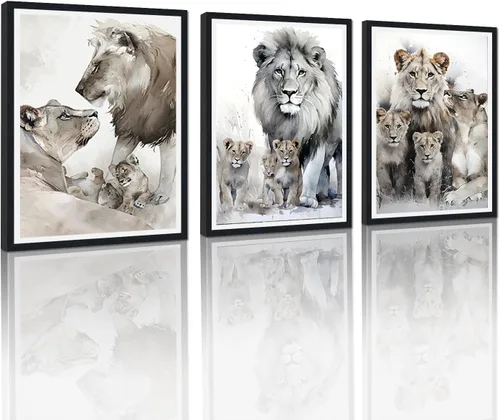 Miniatura 7 de 3 piezas modernas de lienzo de león de animales salvajes, pinturas de retratos de familia de leones, decoración de pared, obras de arte de sala