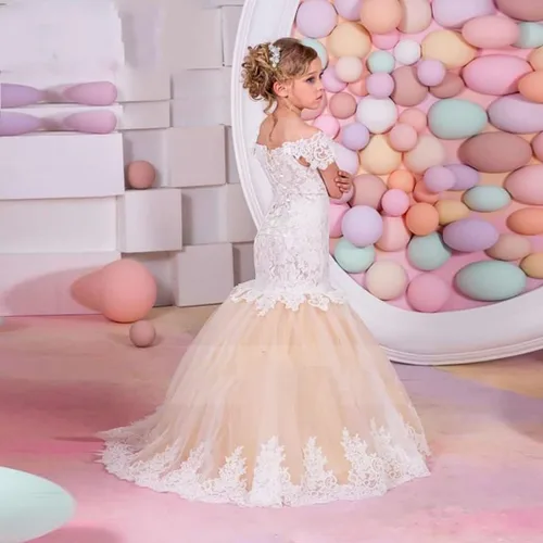 Miniatura 3 de Vestidos de sirena para niña de flores para boda, encaje blanco, tul champán, vestido de dama de honor con cola