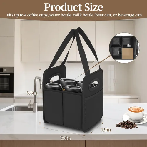 Miniatura 2 de Foyego Porta bebidas de 4 tazas con asa, portavasos reutilizables para bebidas, portátil, plegable, aislante, para taza de café, para entrega