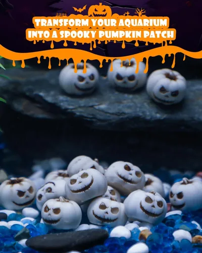 Miniatura 6 de Uniclife 20 piezas de decoraciones de calabaza de Halloween, decoración de tanque de peces de Halloween, mini calabazas espeluznantes de cara