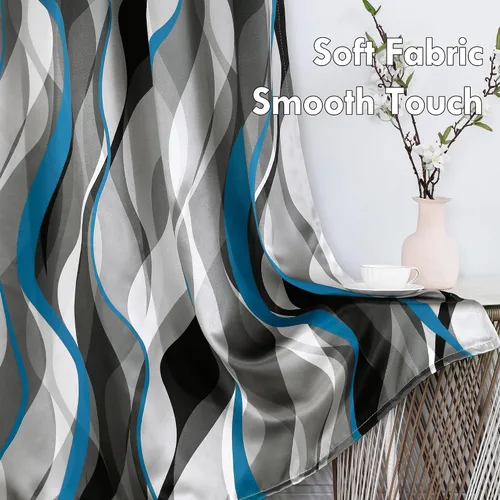 Miniatura 3 de weesire - Cortinas opacas azules y grises modernas con rayas decorativas, 100% bloqueo de luz, oscurecimiento con ojales, cortina azul para sala