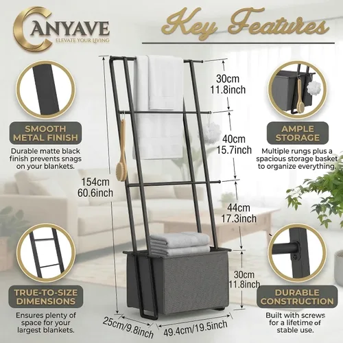 Miniatura 2 de Escalera de manta inclinada 2 en 1 con cesta de almacenamiento, soporte de toalla de metal negro mate, organizador de ahorro de espacio sin taladros